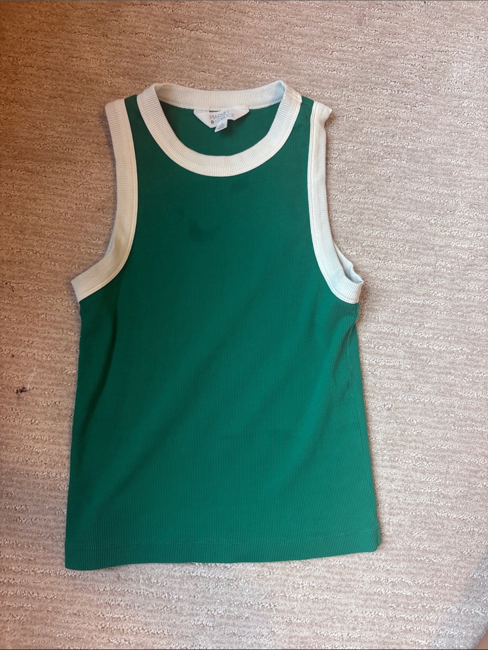Market & Spruce Green Ribbed Tank with Cream Trim Accents